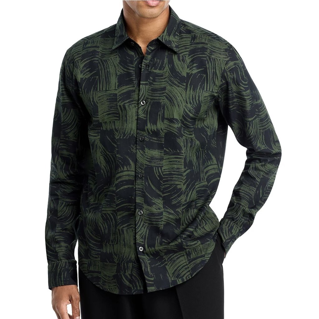 Hugo Boss Men's Long Sleeve Hugo Erin Abstract Shirt Casual Slim Fit Dark Green